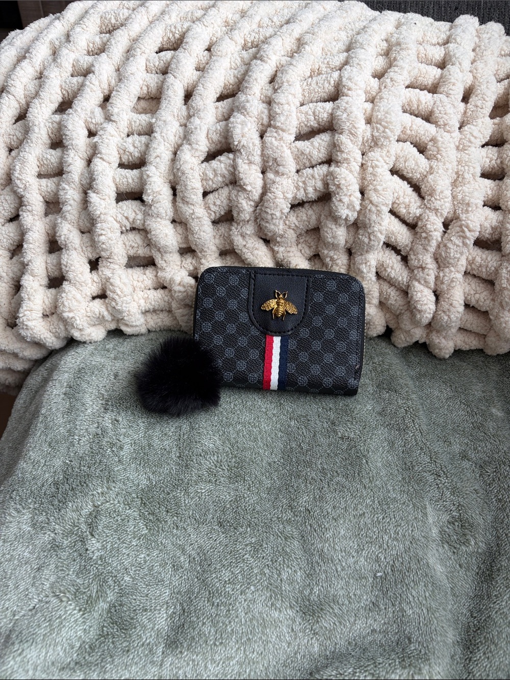 Black Patterned Women's Wallet with Bee Accent and Pom Pom